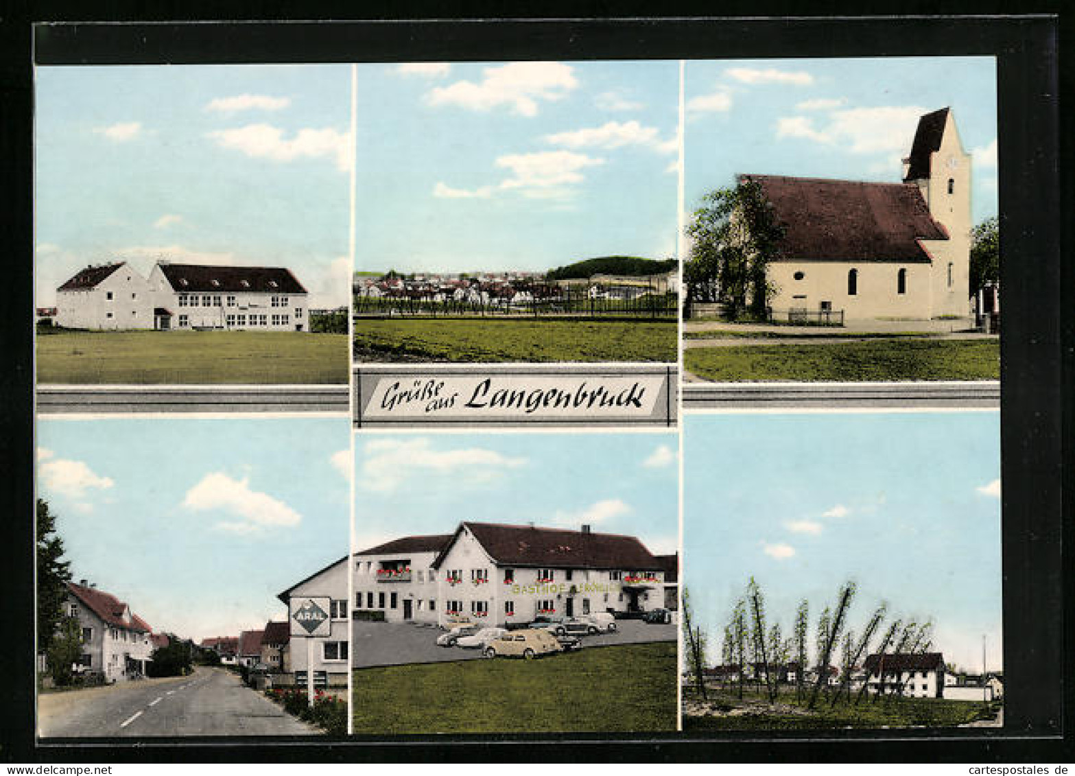 AK Langenbruck B. Pfaffenhofen, Gasthof Fröhlich, Aral-Tankstelle, Kirche  - Pfaffenhofen