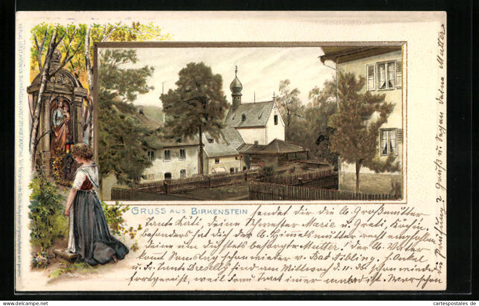 Passepartout-Lithographie Birkenstein, Ortspartie Mit Kirche  - Autres & Non Classés