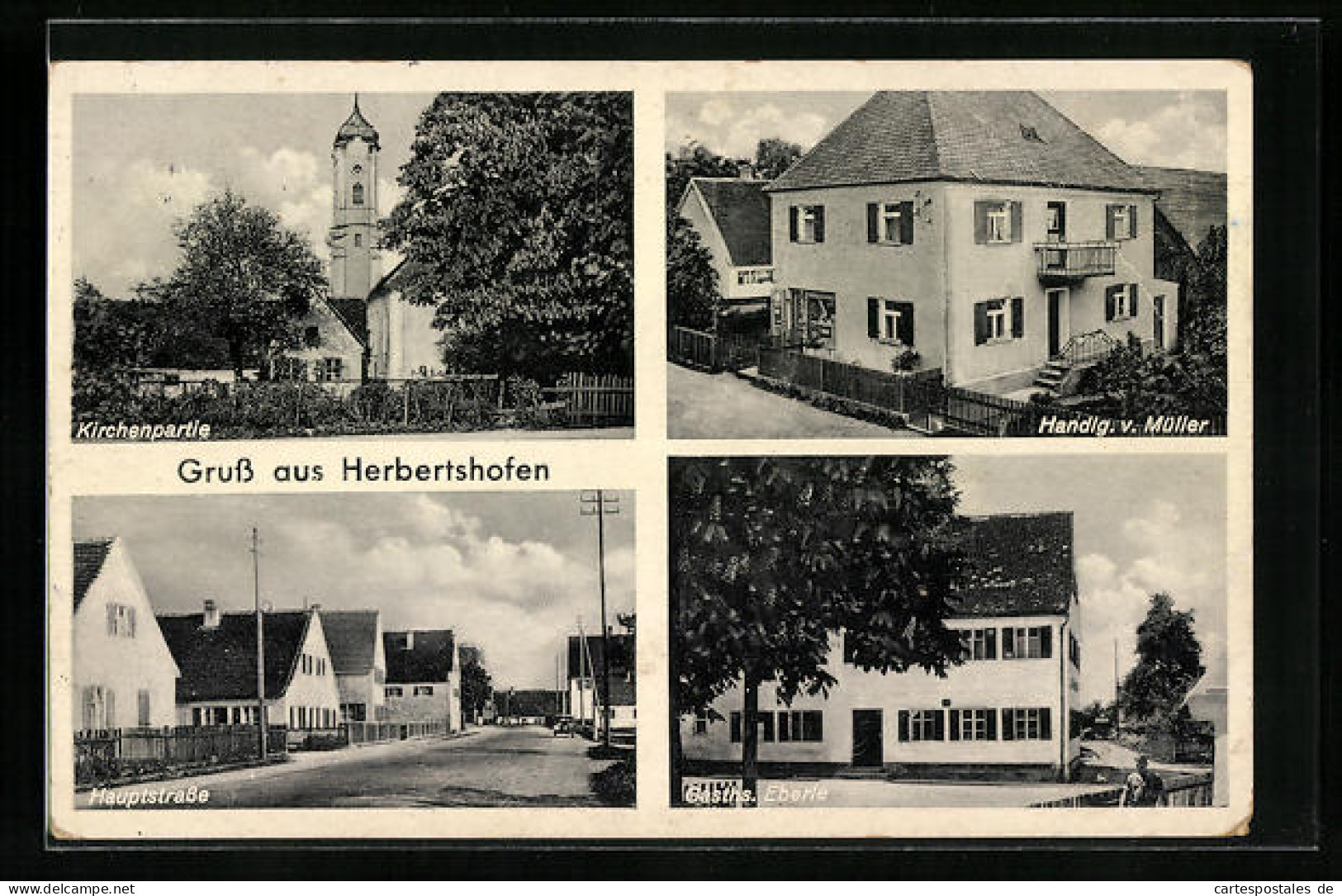 AK Herbertshofen, Gasthaus Eberle, Handlung V. Müller, Kirchenpartie  - Altri & Non Classificati