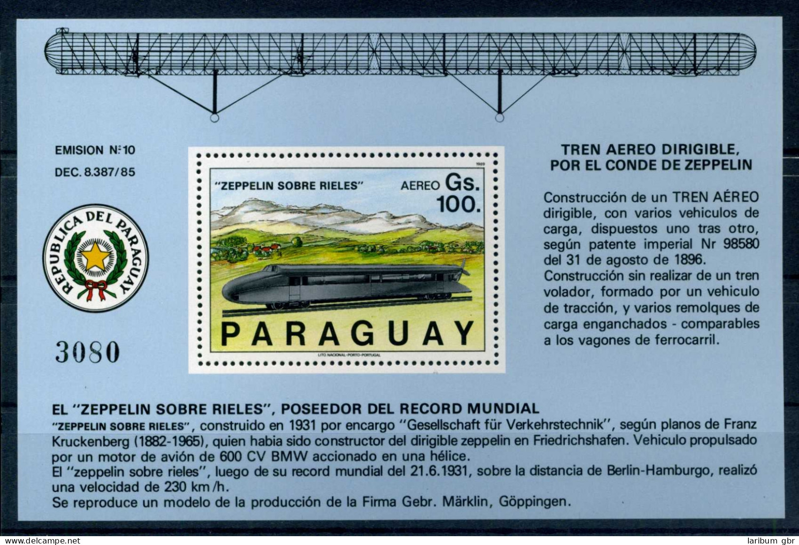 Paraguay Block 463 Postfrisch Zeppelin #GO531 - Paraguay