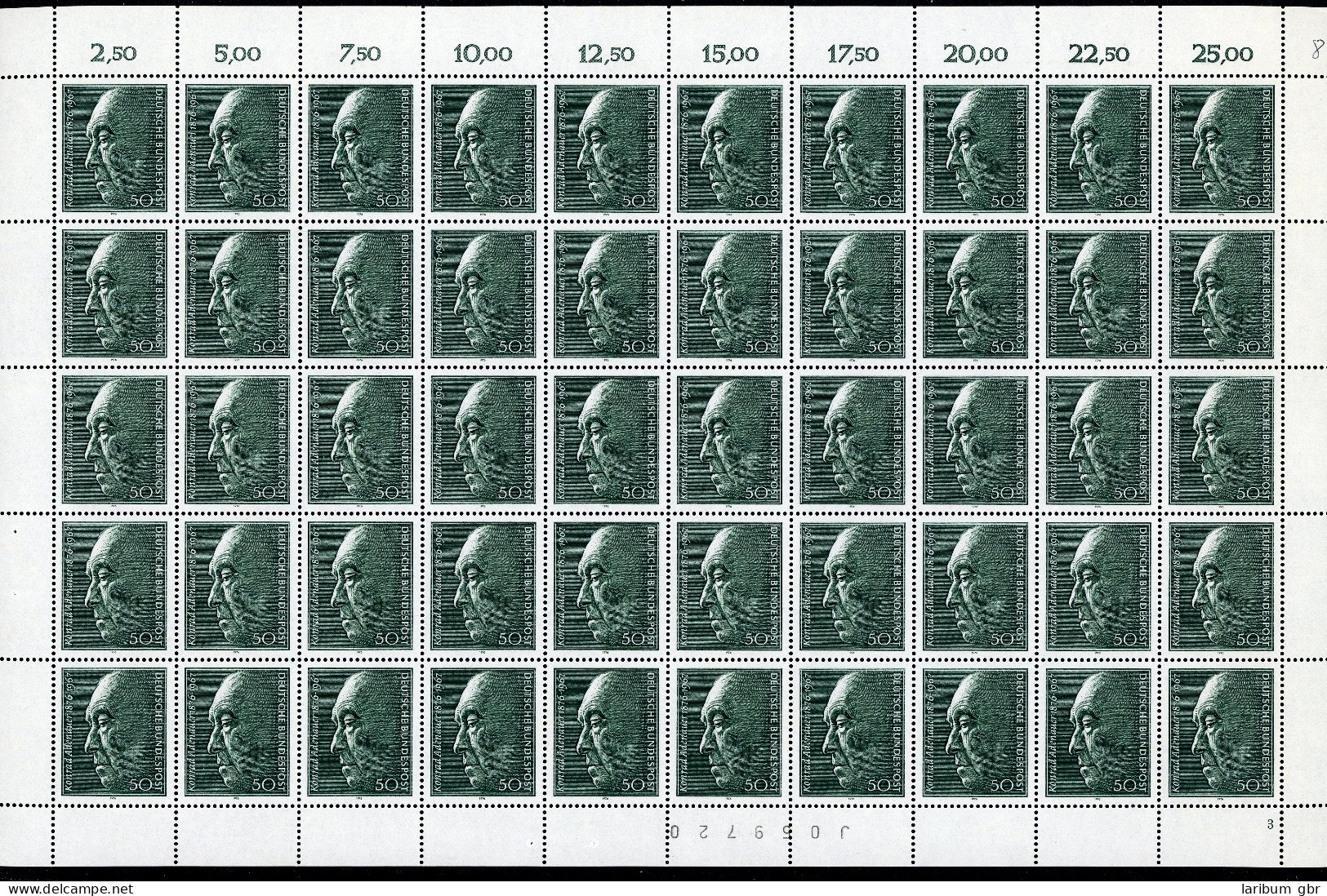 Bund 50er Bogen 876 Postfrisch Formnummer 3 Bogenzählnummer #JY516 - Andere & Zonder Classificatie