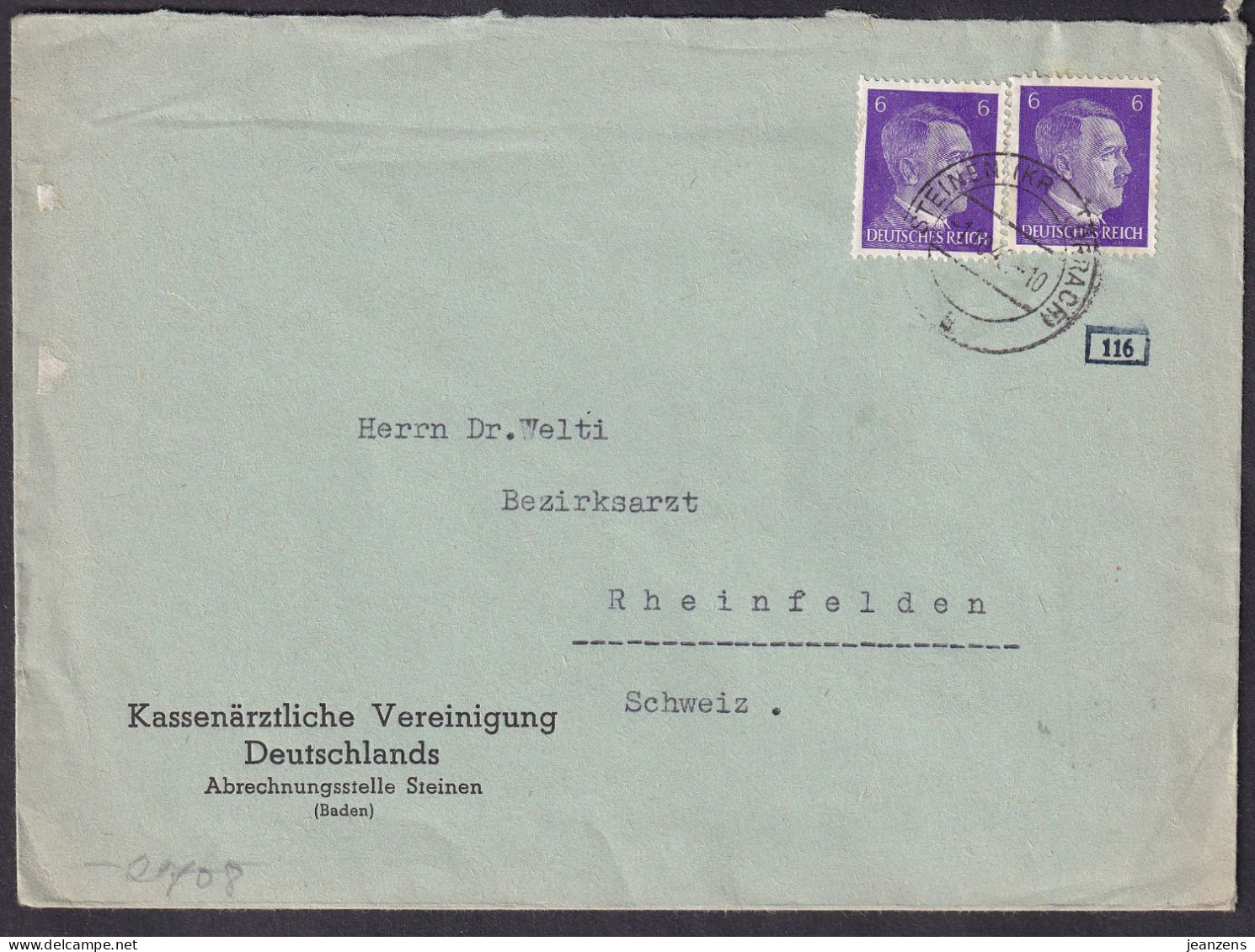 Lettre ʘ Steinen (Kr Lörrach) 11.06.1941 Au Tarif Frontalier 12 Rpf -> Rheinfelden (CH) - Zensur/censure ABP E - Storia Postale