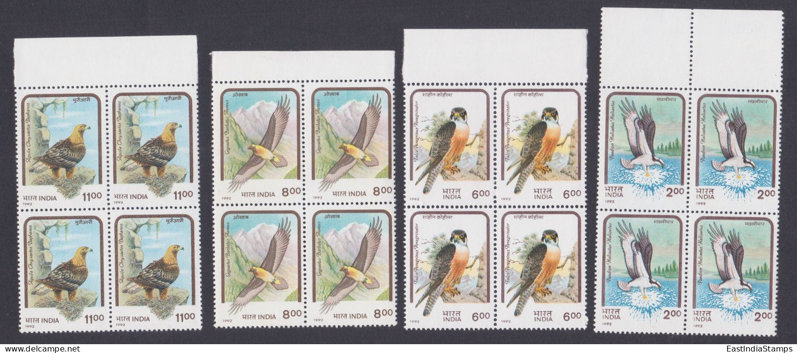 Inde India 1992 MNH Birds Of Prey, Bird, Golden Eagle, Bearded Vulture, Shaheen Falcon, Osprey, Sea Hawk, Block - Neufs