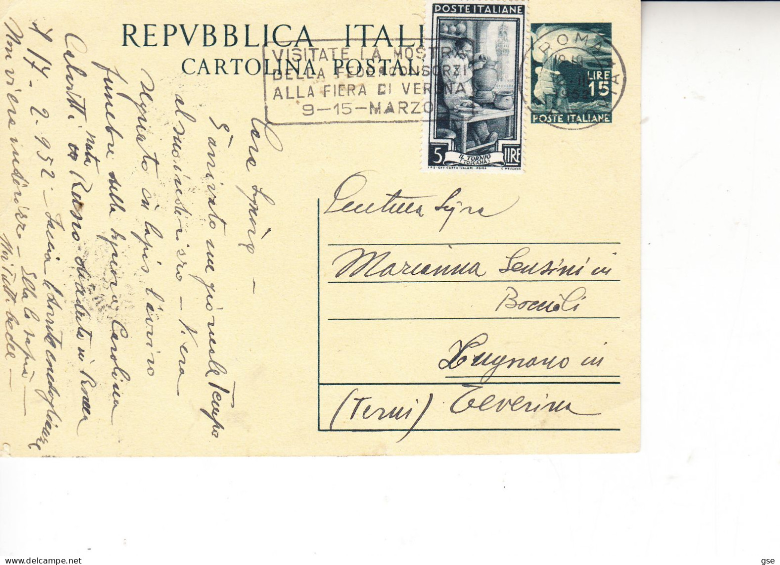 ITALIA  1952 -  Intero Lire 15 Con Ntegrazione  - - Entiers Postaux