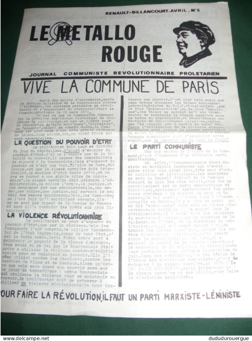 LE METALLO ROUGE , JOURNAL DES COMMUNISTES REVOLUTIONNAIRES PROLETARIENS DE RENAULT BILLANCOURT LE N ° 5 - 1950 - Oggi