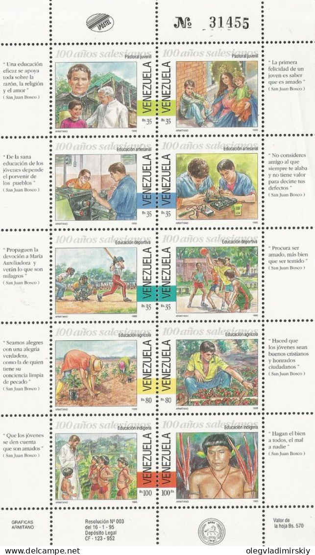 Venezuela 1995 100 Years Of The Congregation Of Don Bosco San Juah Set Of 10 Stamps In Block / Sheetlet MNH - Venezuela