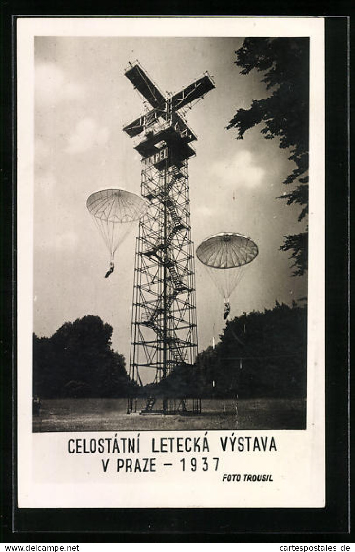 AK Praha, Celostatni Letecka Vystava 1937, Fallschirmsprung Vom Turm  - Ausstellungen