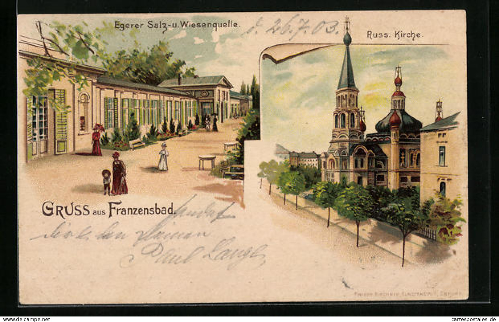 Lithographie Franzensbad, Russische Kirche, Egerer Salz- U. Wiesenquelle  - Czech Republic