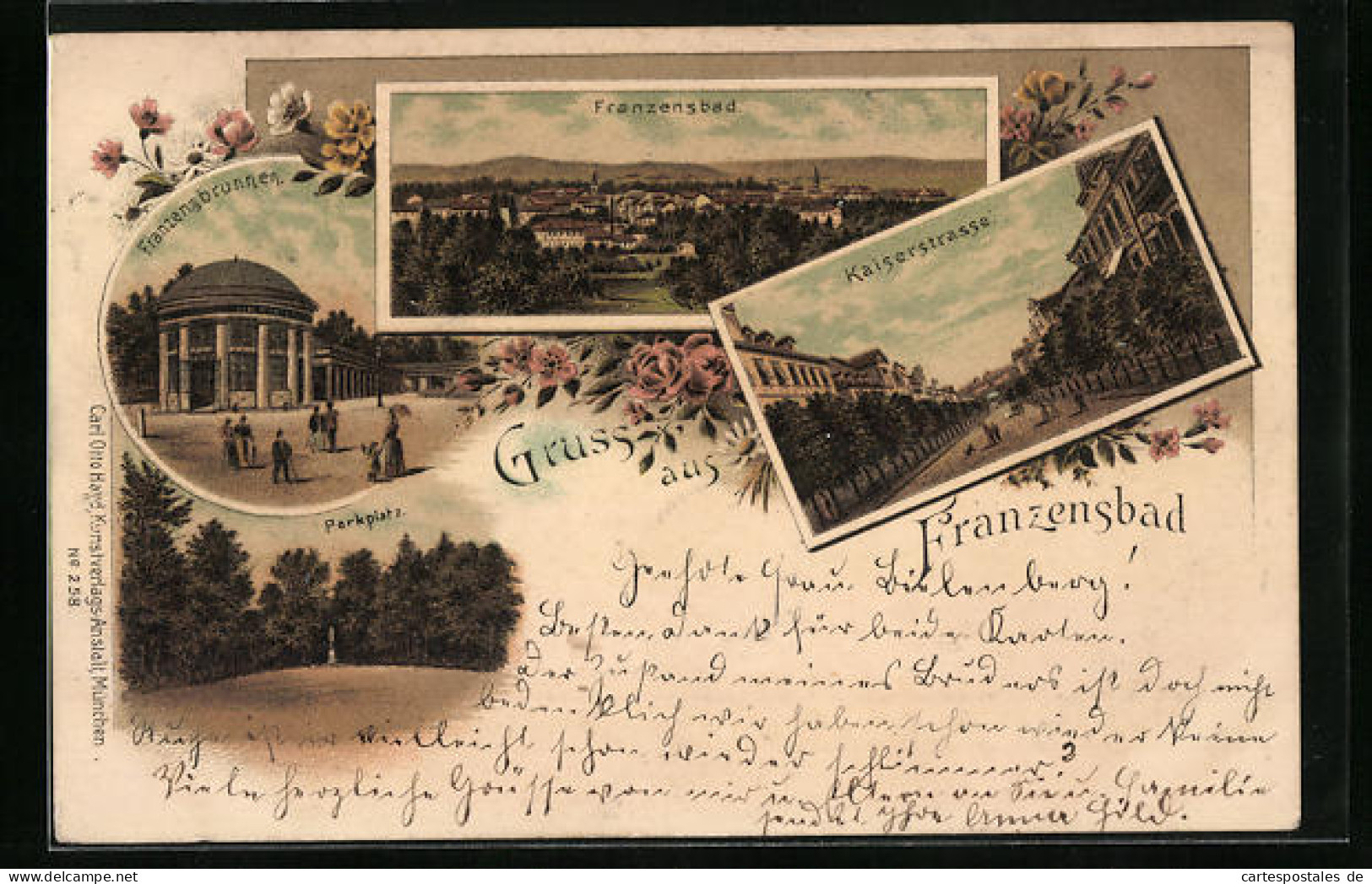 Lithographie Franzensbad, Kaiserstrasse, Parkplatz, Franzensbrunnen  - Tchéquie