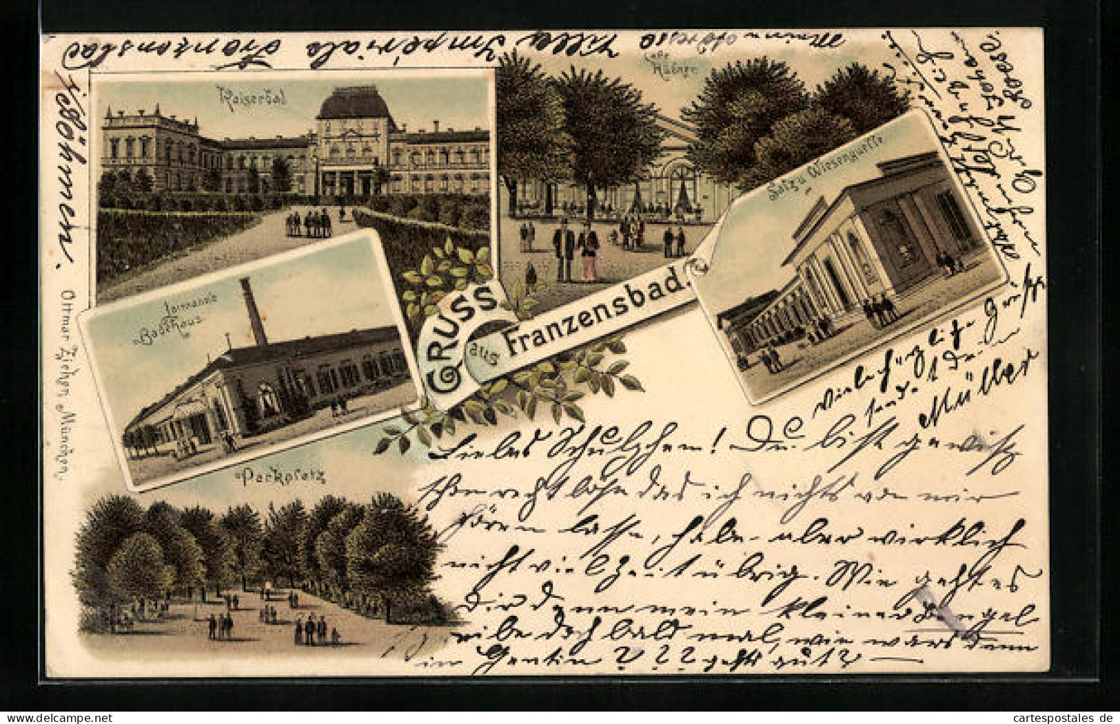 Lithographie Franzensbad, Kaiserbad, Cafe Hübner, Salz- U. Wiesenquelle  - Czech Republic