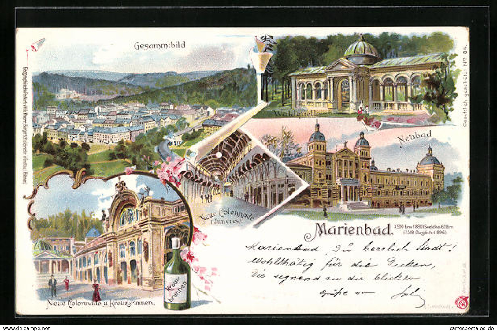 Lithographie Marienbad, Gesamtbild, Neubad, Waldquelle, Neue Colonnade  - Tschechische Republik