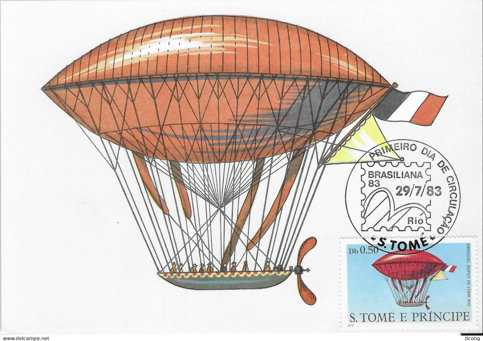 BALLON DIRIGEABLE DUPUY DE LOME - CARTE MAXIMUM BRASILIANA SAO TOME ET PRINCIPE 1983 -  VOIR LE SCANNER - Luchtballons