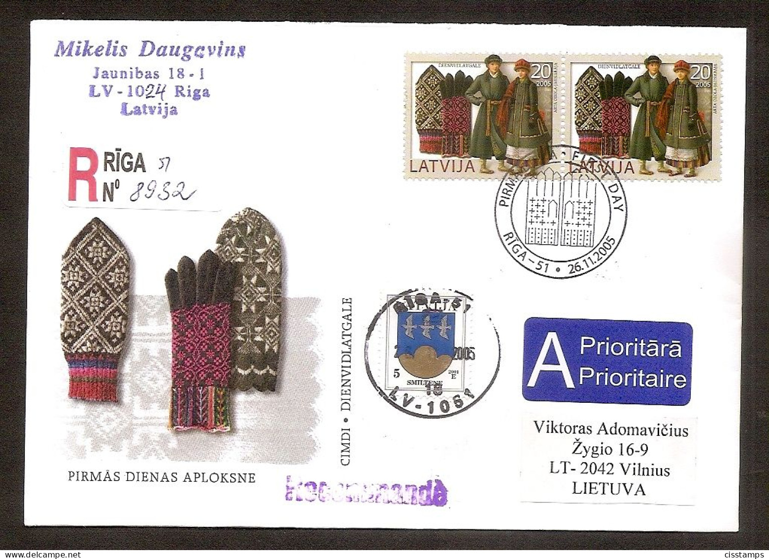 LATVIA 2005●Costumes●Mittens Mi2x648 R-Cover Sent To Lithuania - Latvia