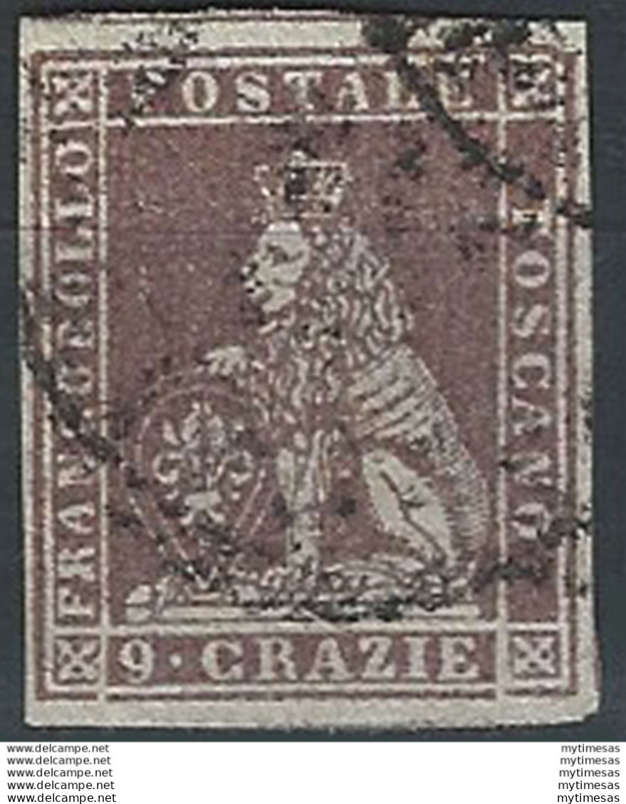 1851 Toscana 9cr. Bruno Violaceo Su Grigio Cancelled Sassone N. 8 - Toscana