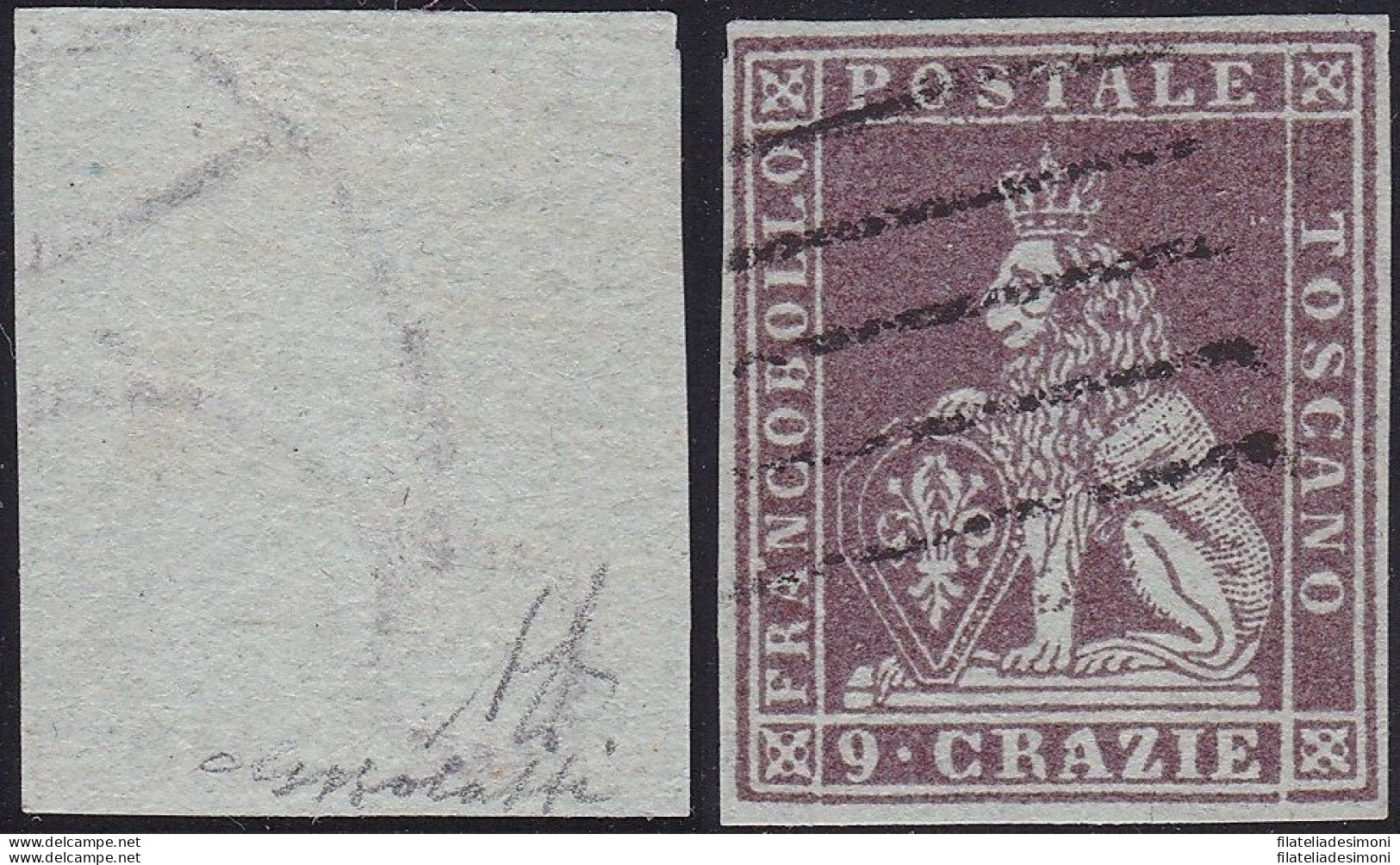 1851-52 TOSCANA, N. 8 9 Cr. USATO Certificato Bolaffi Siglato A.Diena - Toskana