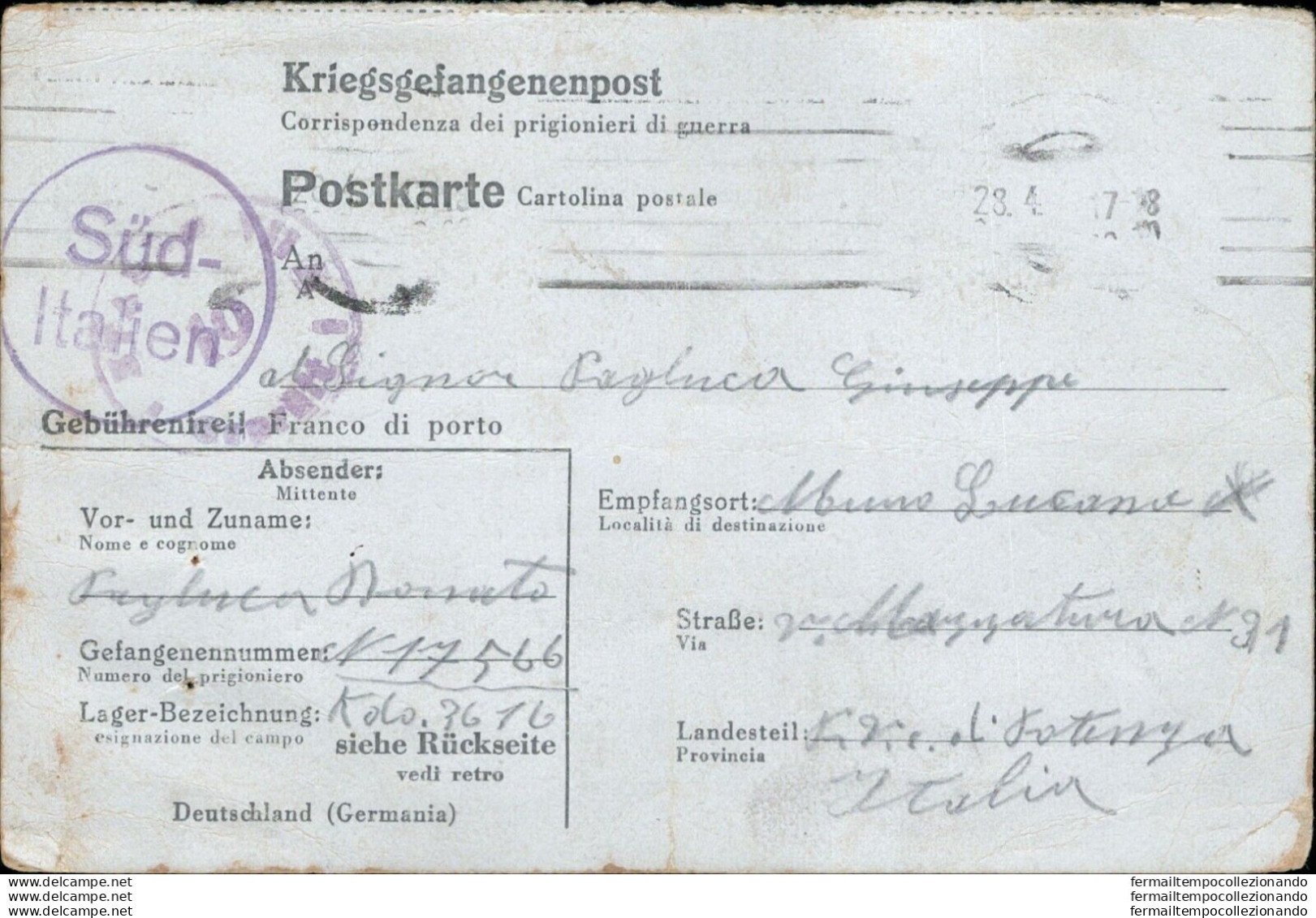 Bo263 Franchigia Militare Prigioniero Di Guerra In Germania X Maddaloni Caserta - Zonder Portkosten