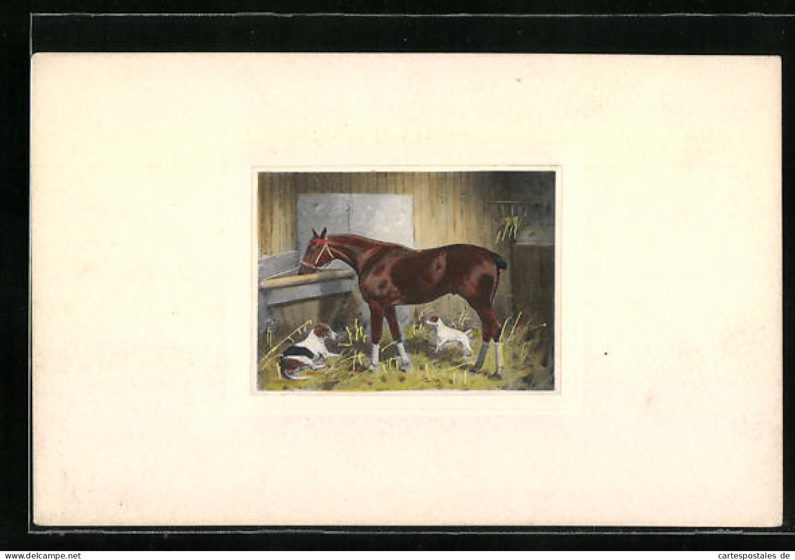 Künstler-AK M. Munk Nr. 266: Pferd Steht Mit Zwei Hunden Im Stall, Passepartout  - Autres & Non Classés