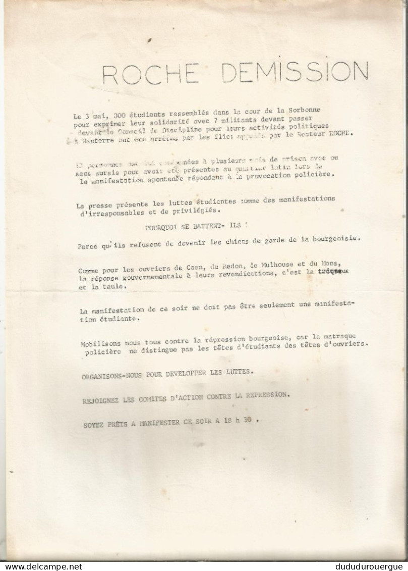 MAI 1968  A LA SORBONNE : TRACT DU COMITE D ACTION CONTRE LA REPRESSION : " ROCHE DEMISSION " - Sin Clasificación