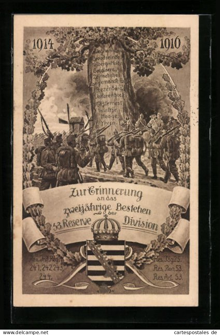 AK Soldaten Vor Einer Windmühle, Zur Erinnerung An Das Zweijährige Bestehen Der 53. Reserve-Division, 1914-1910  - Regiments