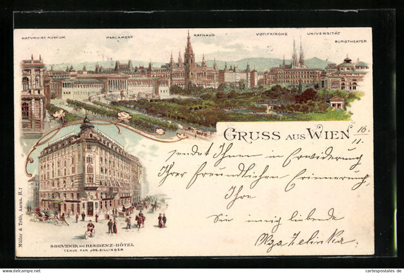 Lithographie Wien, Residenz-Hotel, Parlament Mit Rathaus Und Votifkirche  - Andere & Zonder Classificatie