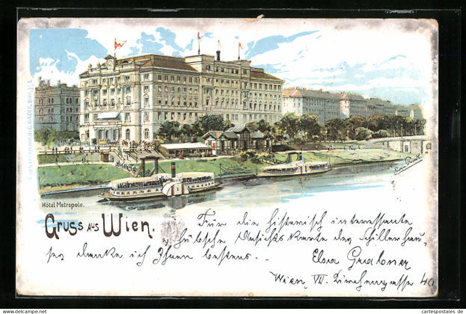 Lithographie Wien, Hotel Metropole Mit Dampfern  - Autres & Non Classés
