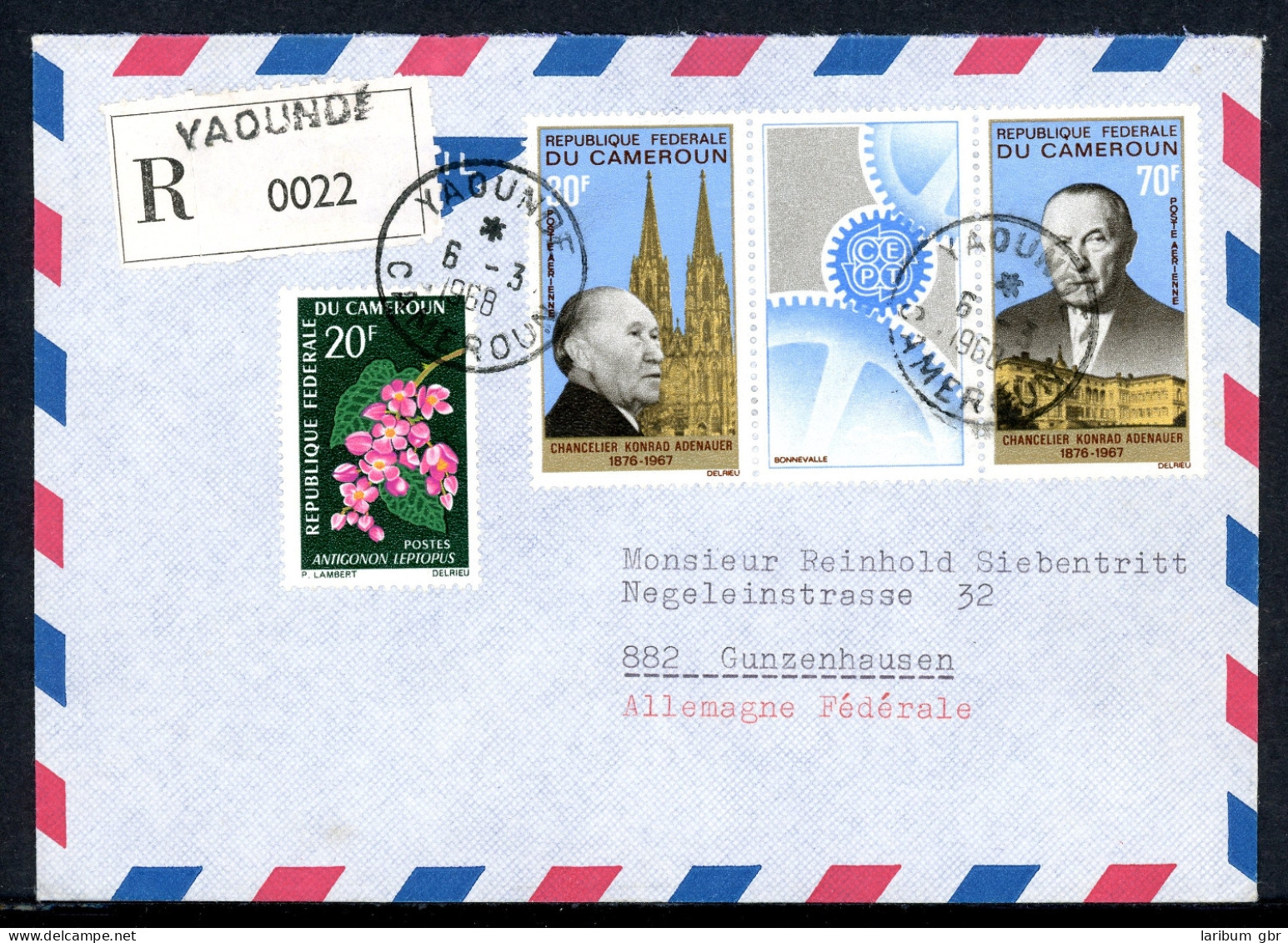 Kamerun 3er Streifen 528-529 U. A. Adenauer, R-Brief Mischfrankatur #JS513 - Kamerun (1960-...)