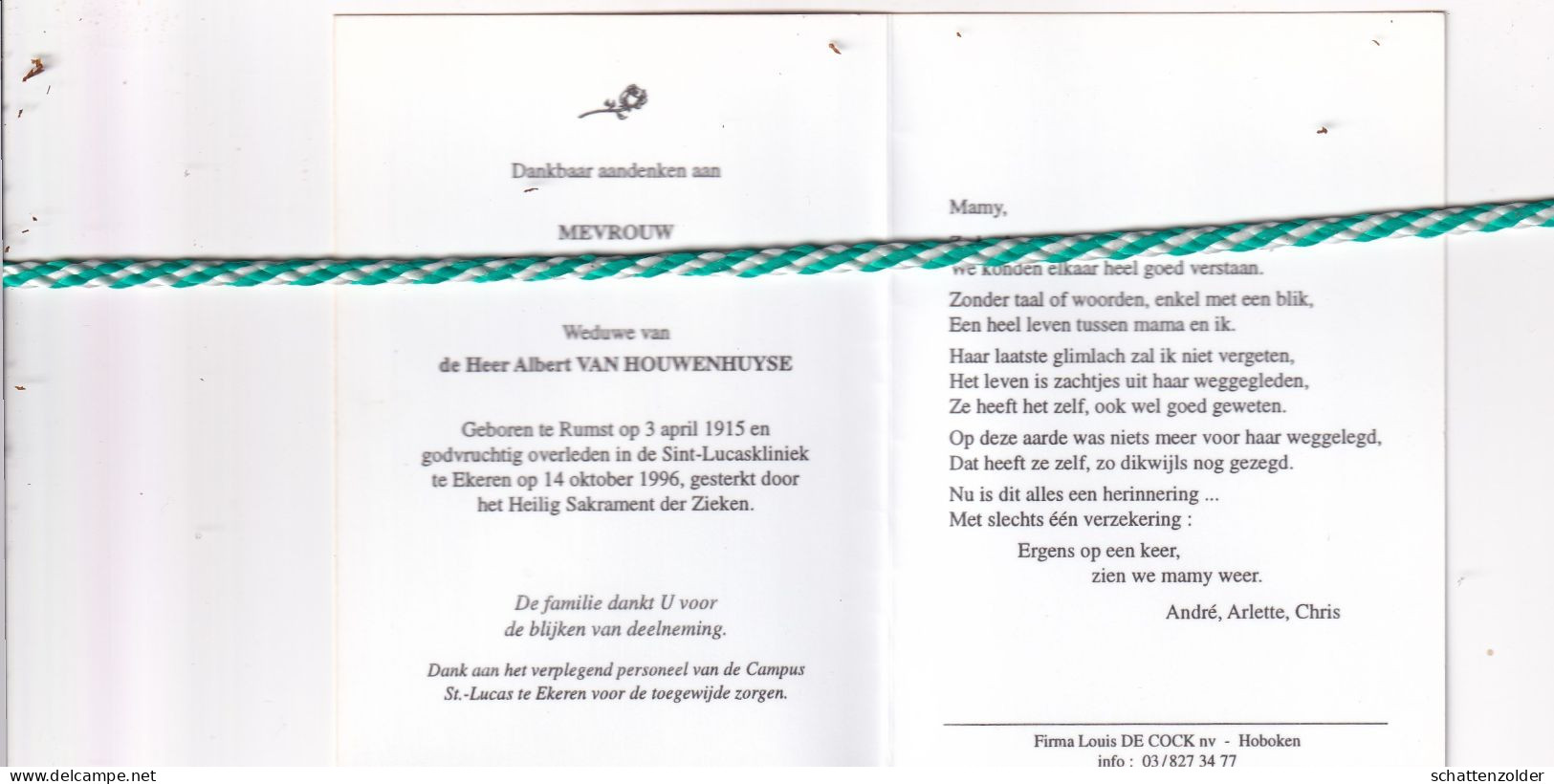 Regine Weymiens-Van Houwenhuyse, Rumst 1915, Ekeren 1996. Foto - Obituary Notices