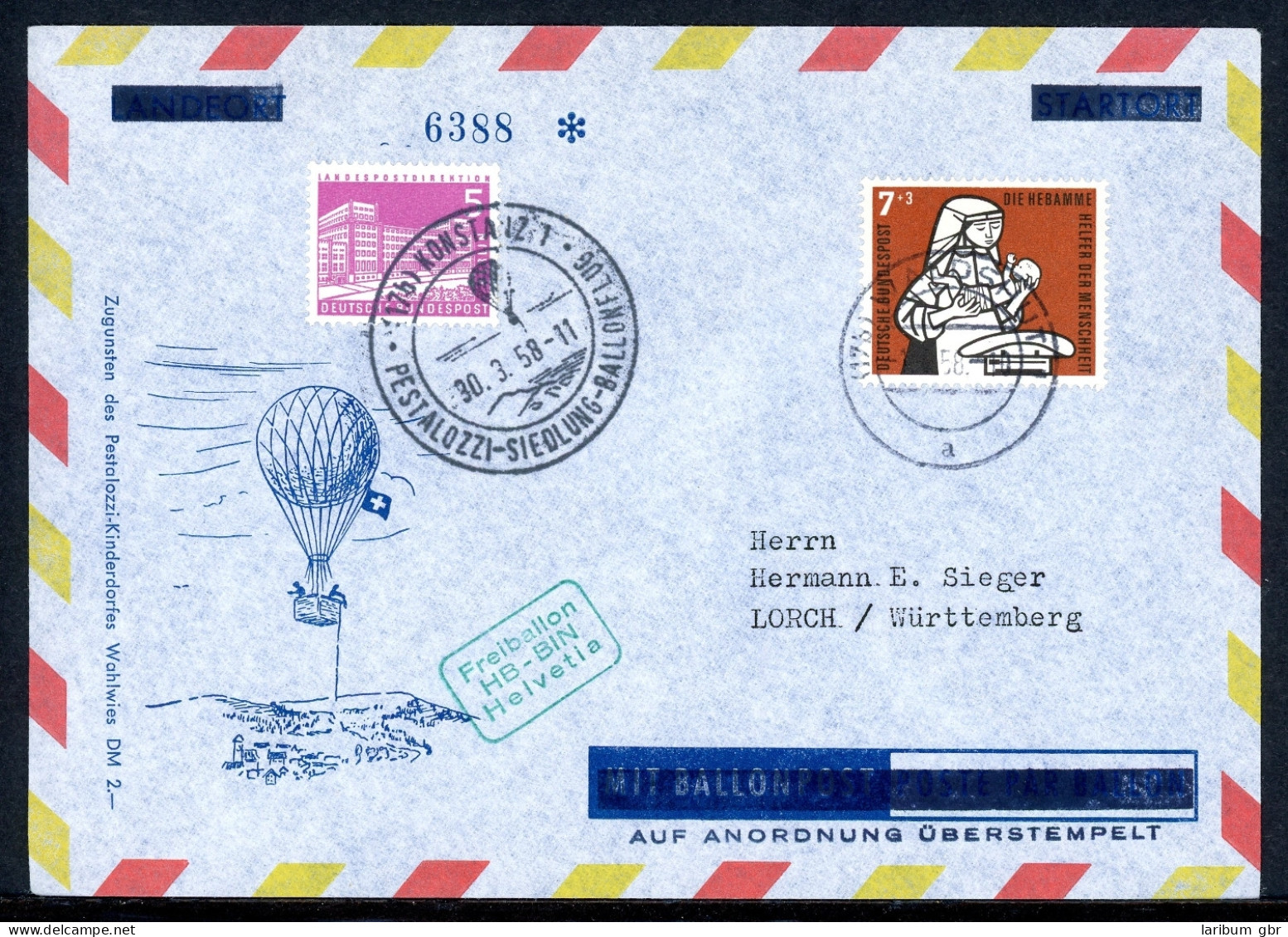 Bund Ballonpost 30.3.58 HB-BIN Helvetia Ballonfahrtattribute überstempelt #HK131 - Correo Postal