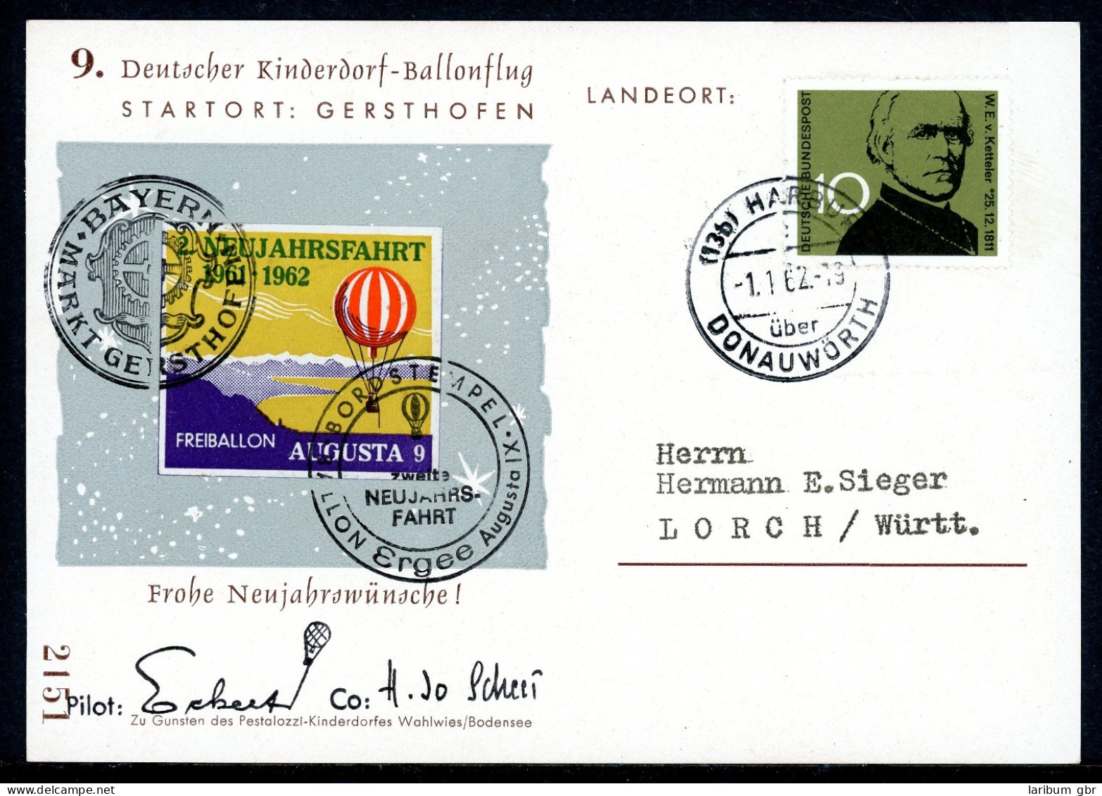 Bund Ballonpost 9. Kinderdorfballonflug Gersthofen - Harburg 1.1.62 #HK132 - Correo Postal