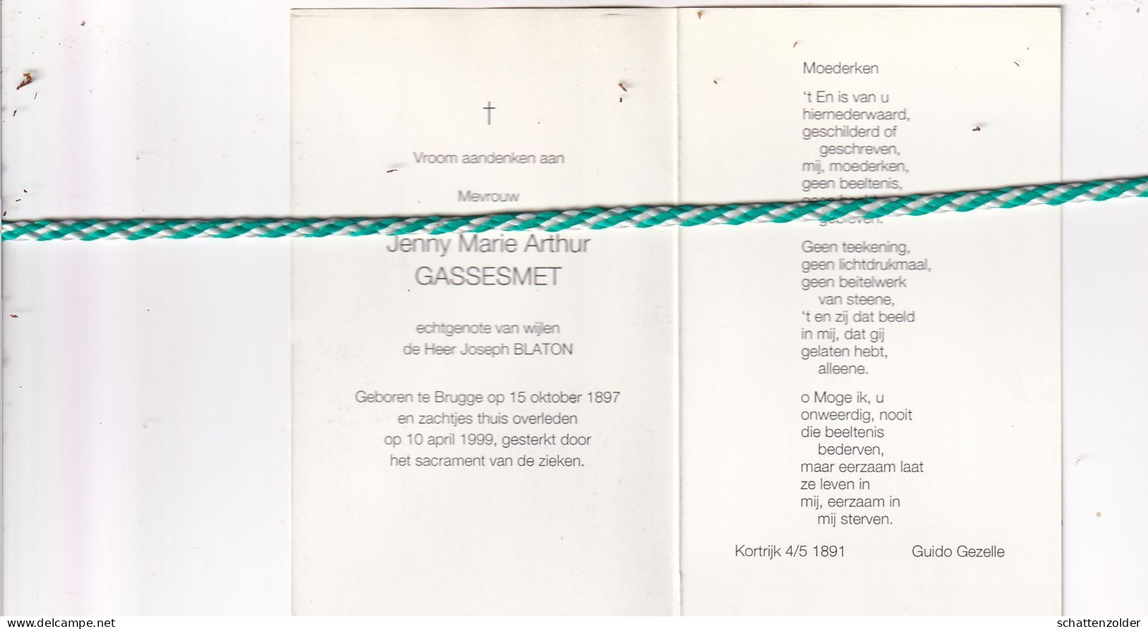 Jenny Marie Arthur Gassesmet-Blaton, Brugge 1897, 1999. Honderdjarige. Foto - Obituary Notices