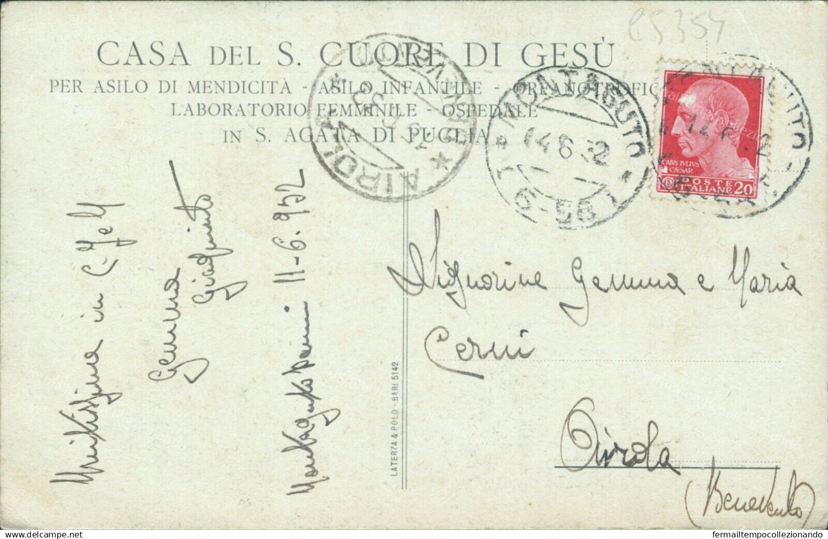 Cs354 Cartolina S.agata Di Puglia Casa Del Cuore Di Gesu' Foggia 1932 - Foggia