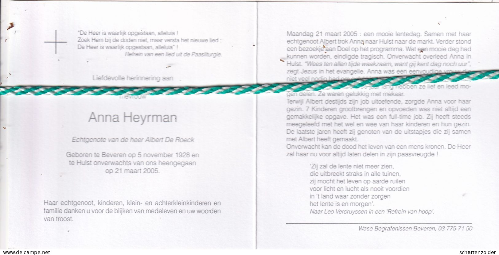 Anna Heyrman-De Roeck, Beveren 1928, Hulst 2005 - Overlijden
