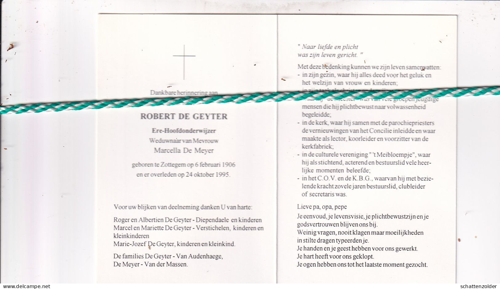 Robert De Geyter-De Meyer, Zottegem 1906, 1995. Ere Hoofdonderwijzer; Foto - Obituary Notices