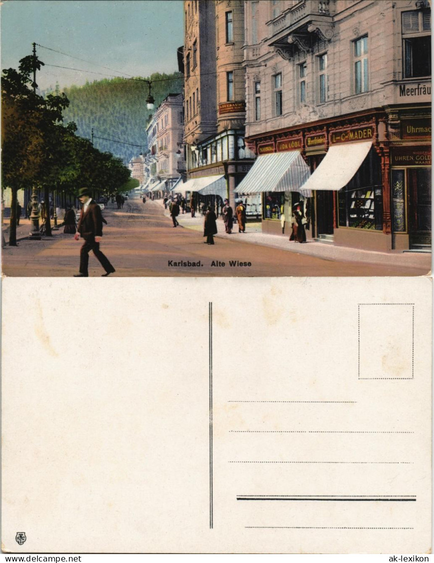 Postcard Karlsbad Karlovy Vary Alte Wiese, Uhrmacher 1913 - Czech Republic