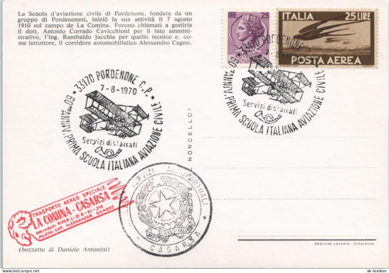 Ansichtskarte  60 Jahre Flugschule Sonderstempel - Pordenone 1970 - 1946-....: Modern Era