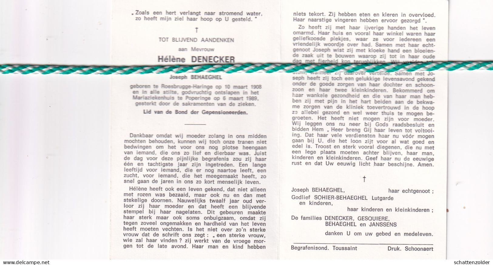 Hélène Denecker-Behaeghel, Roesbrugge-Haringe 1908, Poperinge 1989 - Obituary Notices