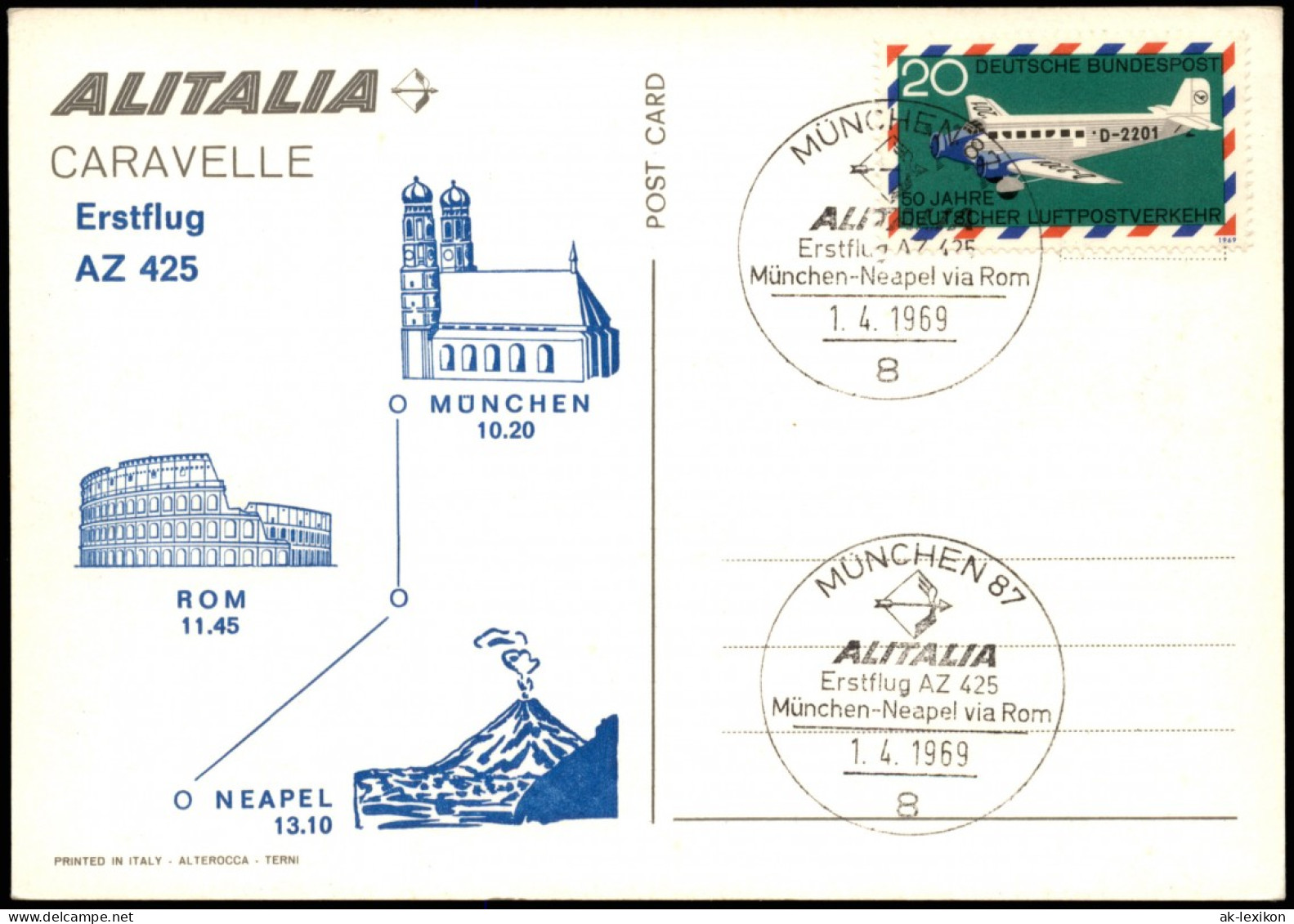 Flugzeuge Airplane ALITALIA Erstflug AZ 425 1969 Sonderstempel Neapel München - 1946-....: Ere Moderne