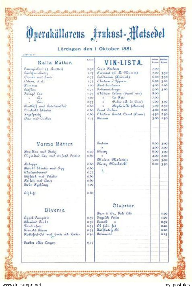 72955795 Stockholm Operakaettarens Frukost Matsedel Brunch Menu Opernkeller 1881 - Sweden