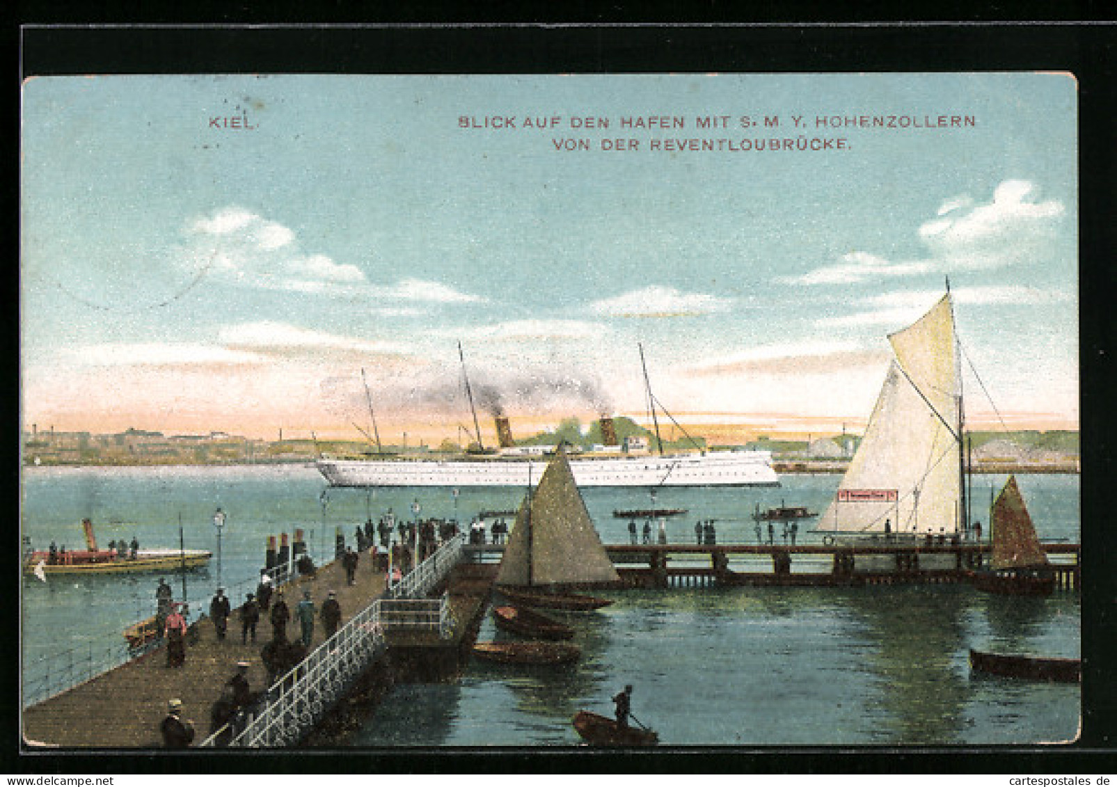 AK Kiel, Blick Auf Den Hafen Mit S. M. Y. Hohenzollern Von Der Reventloubrücke  - Warships