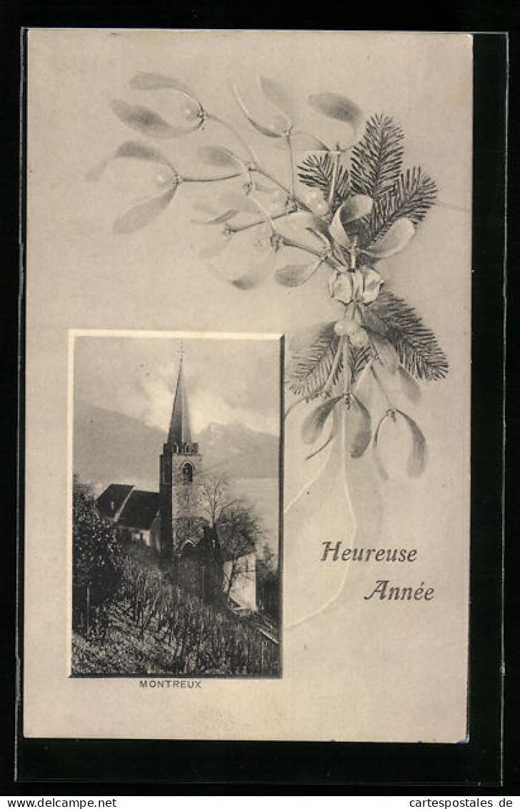 AK Montreux, Blick Auf Kirche, Lorbeer- Und Tannenzweig  - Montreux