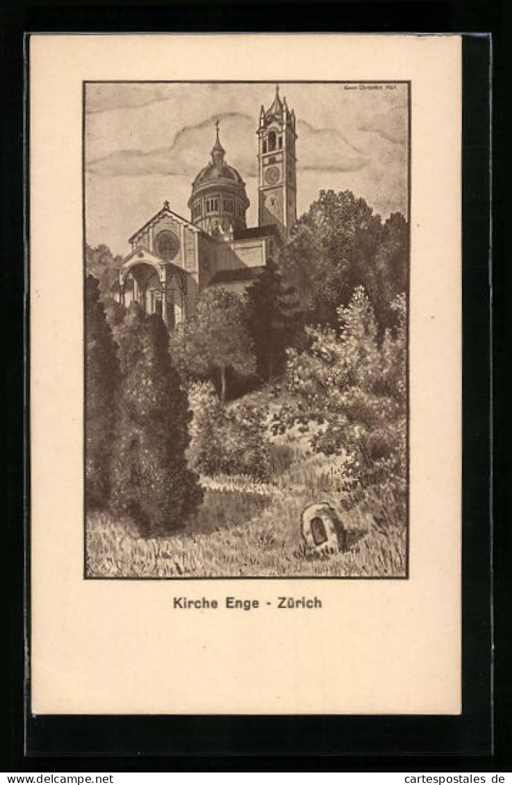 Künstler-AK Zürich, Blick Zur Kirche Enge  - Sonstige & Ohne Zuordnung