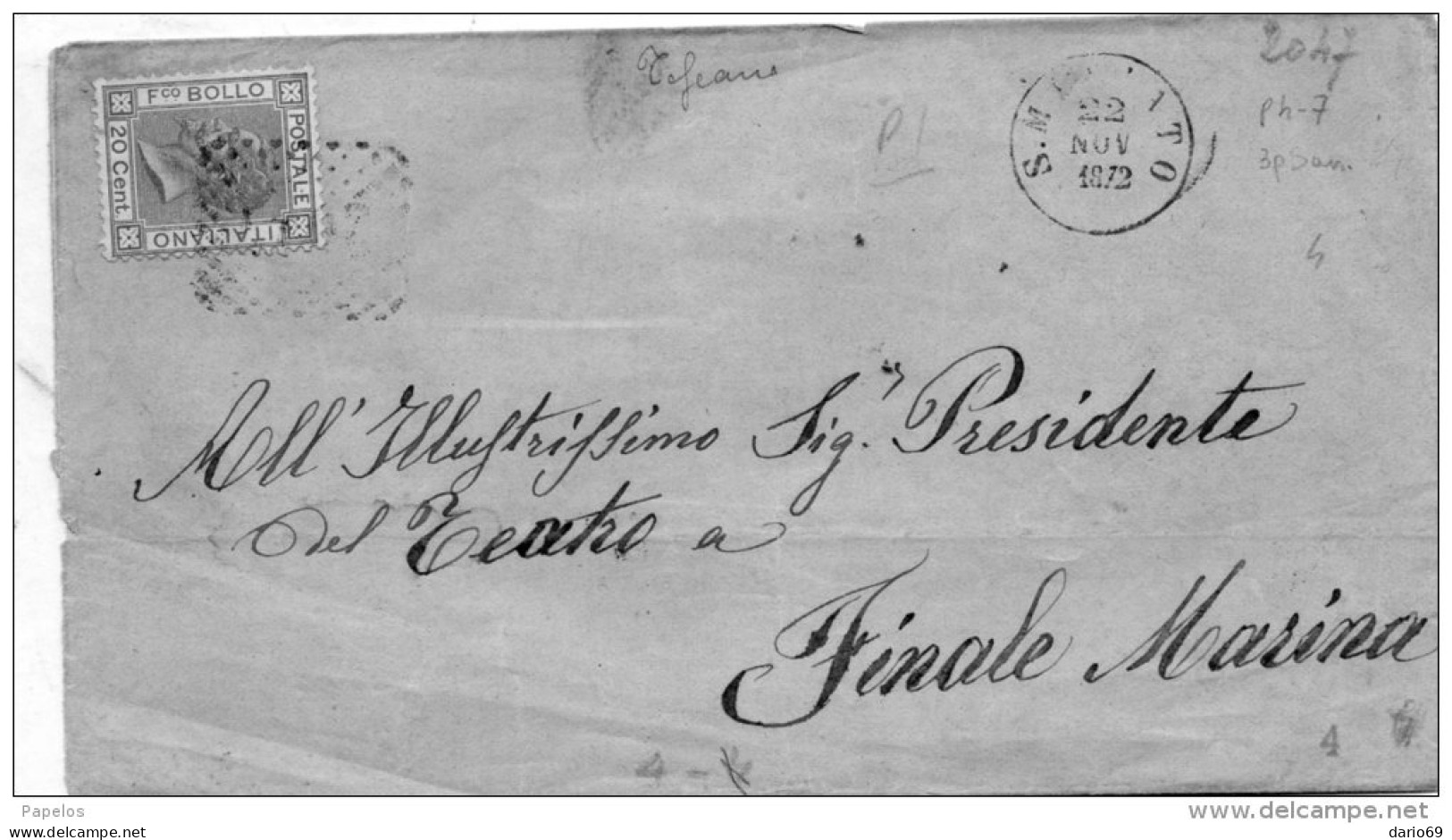 1872   LETTERA CON ANNULLO SAN MINIATO  FIRENZE - Storia Postale