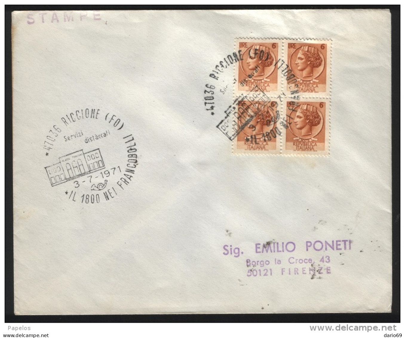 1971 LETTERA CON ANNULLO  RICCIONE   -  IL 1800 NEI FRANCOBOLLI - 1971-80: Poststempel