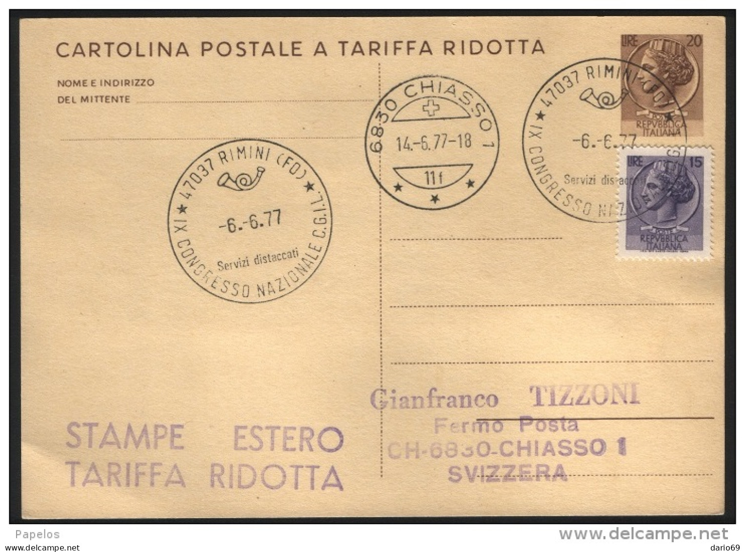 1977 CARTOLINA CON ANNULLO RIMINI - 1971-80: Storia Postale