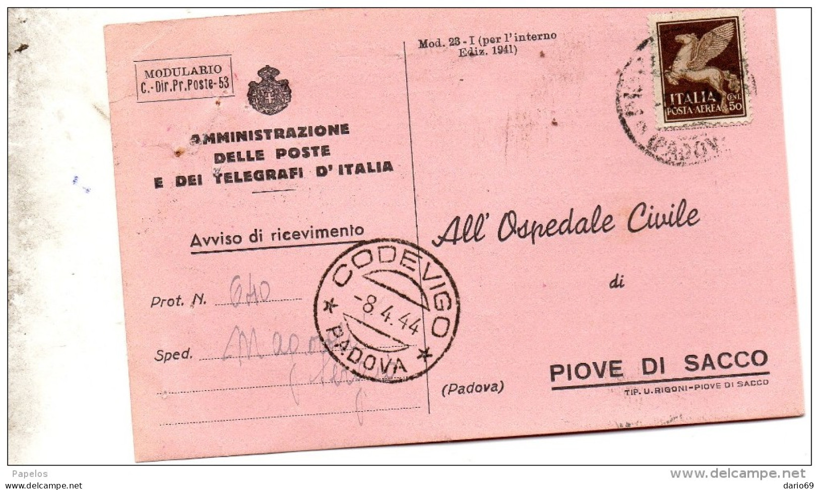 1944 RICEVUTA DI RITORNO CON ANNULLO CODEVIGO PADOVA - Marcophilia