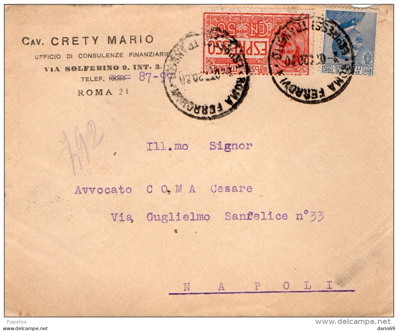 1920 LETTERA ESPRESSO CON ANNULLO ROMA - Express Mail