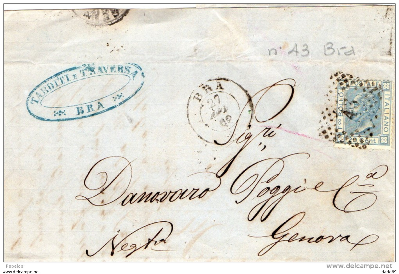 1868 FRAMMENTO  CON ANNULLO BRA CUNEO - Poststempel