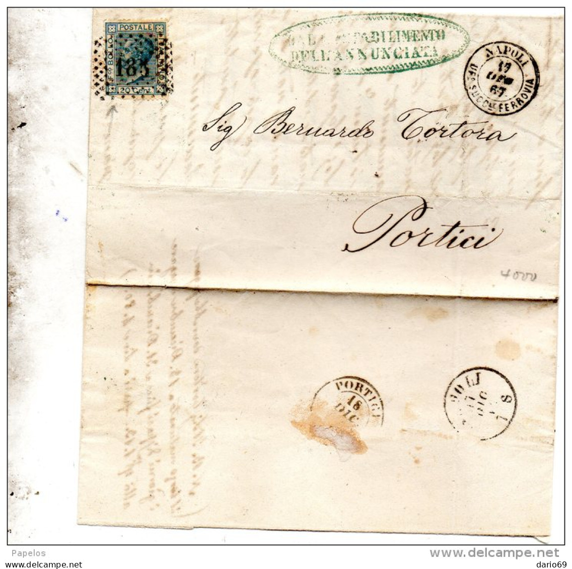 1867 LETTERA CON ANNULLO   NAPOLI + PORTICI - Marcophilie