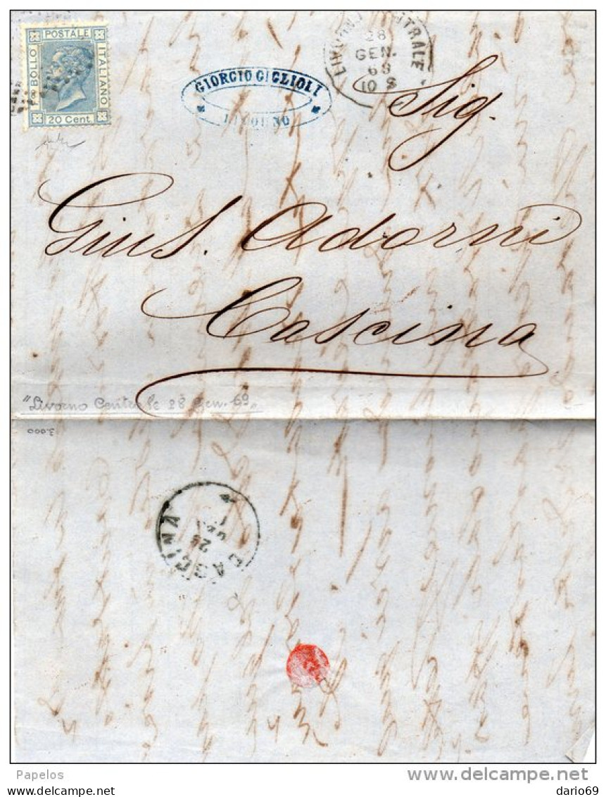 1869 LETTERA CON ANNULLO LIVORNO  + CASCINA - Marcophilie