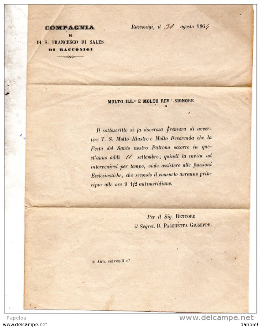 1866 LETTERA CON ANNULLO RACCONIGI - Marcophilia